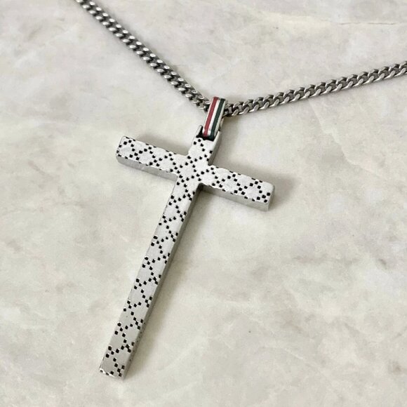 GUCCI Diamante Shima Cross Necklace 23" Silver 925 Auth - Picture 1 of 5